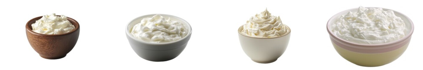 A bowl of sour cream, mayonnaise, and yogurt are isolated against a white background with full depth of field.