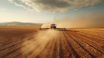 Fototapeta premium A tractor fitted with a crop sprayer traverses the field, spraying a fine mist of pesticide over the crops below