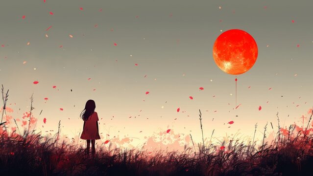 A young girl stands in a field, watching a red balloon float into the sky.