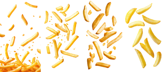 Falling fries isolated on white, depth of field full