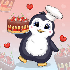 Fototapeta premium Cute chef penguin in chef's hat is holding a cake. Vector animal illustration on white background with red hearts.