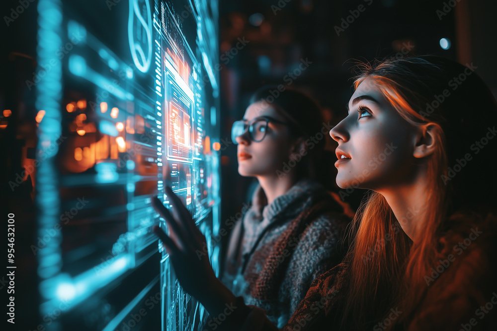 Aufkleber two young women interact with a futuristic digital interface, captivated by the glowing, abstract da