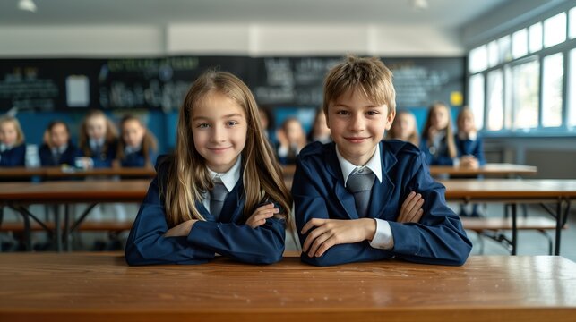 the group schoolboy and schoolgirl sitting at the desk, smiling, looking at the camera during the lesson