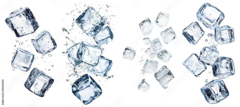 Aufkleber Full depth of field on a falling ice cube, isolated on a white background