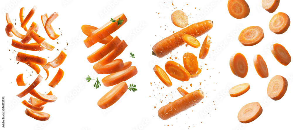 Poster isolated falling carrot slice on white background, depth of field is full