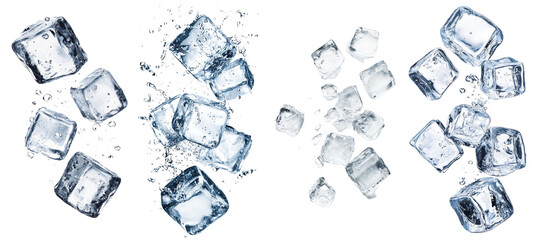 Full depth of field on a falling ice cube, isolated on a white background