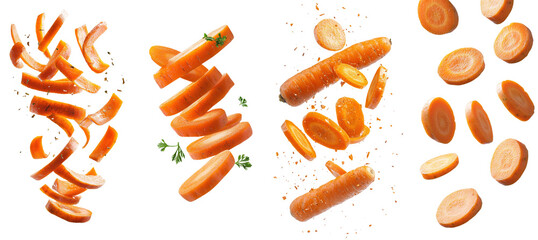 Isolated falling carrot slice on white background, depth of field is full