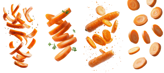 Isolated falling carrot slice on white background, depth of field is full