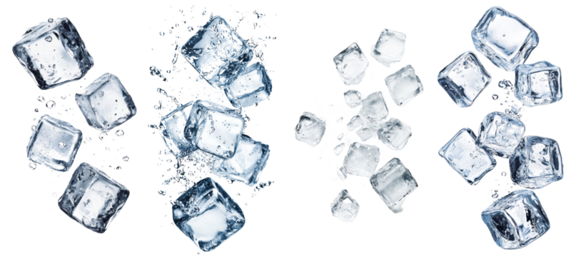 Full depth of field on a falling ice cube, isolated on a white background