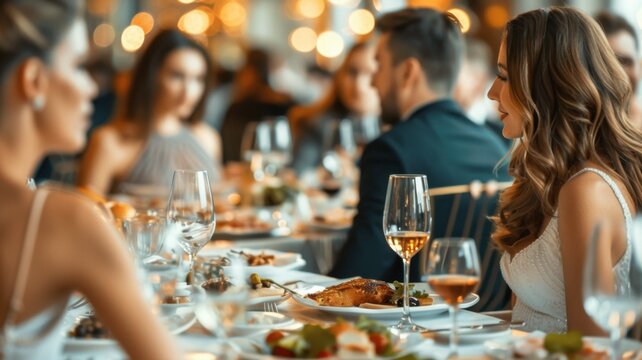 Charity Gala: A classy evening event in a grand ballroom where guests in formal attire enjoy gourmet meals, participate in silent auctions, and listen to moving speeches.
