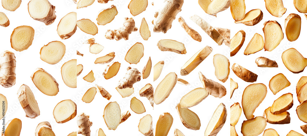 Poster slice of falling ginger isolated on white background, full depth of field