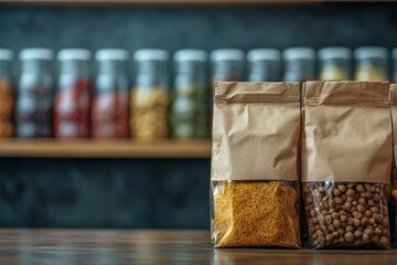 Paper bags of grains and nuts with jars in background