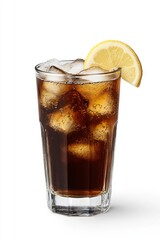 Isolated Classic Cola with Ice Cubes and Generous Lemon Slice Garnish on White Background.