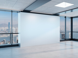 Blank wall Mockup in bright office with windows. Company interior 3D rendering