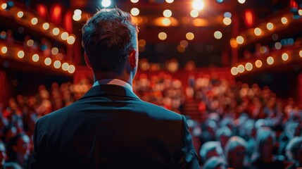 Award Ceremony: A formal evening in a majestic theater, with nominees seated in suspense, and winners celebrated with roaring applause as they accept awards and deliver speeches.
