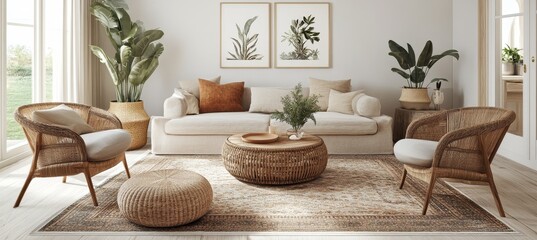 Inviting Bohemian Living Room Interior with Rattan Furniture, Woven Rug, and Lush Plants