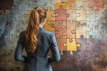 A woman stands in front of a large abstract puzzle mural, contemplating its completion. The scene blends elements of problem-solving and creativity.