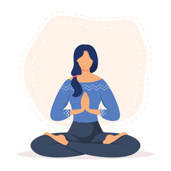 Girl in yoga lotus pose at home. Young and happy woman meditates.Vector illustration.