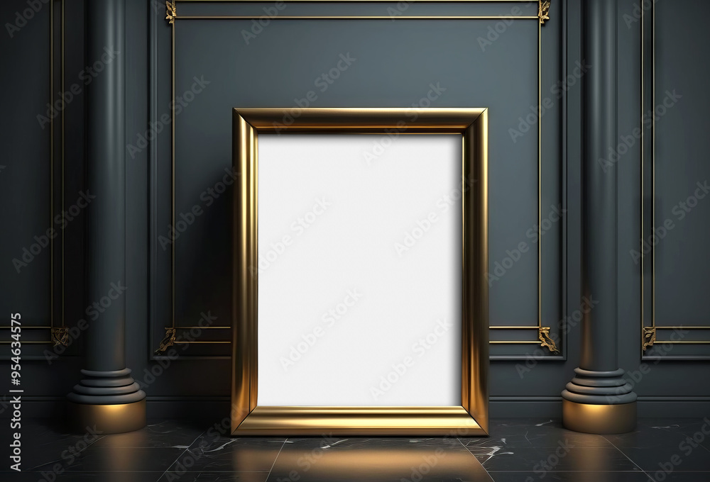 Poster gold frame in dark modern interior mockup. template of an empty framing. generative ai