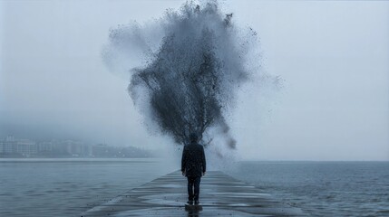 Surreal Explosion of Thoughts Overlooking a Foggy Urban Waterfront