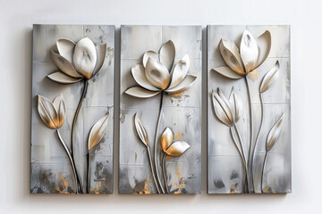 Oil paintings artwork, floral, leaves and flowers triptych 