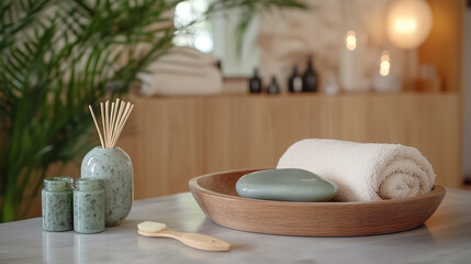 A set of holistic skincare tools including gua sha stones, vacuum cups, and facial rollers on a spa table.