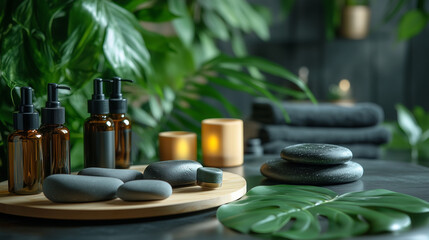 A set of holistic skincare tools including gua sha stones, vacuum cups, and facial rollers on a spa table.