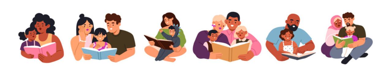 Fototapeta na wymiar Family reading together set. Parents, little children with story books. Mothers, fathers and kids learning together. Childs education by mom, dad. Flat vector illustration isolated on white background