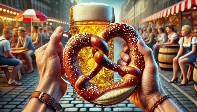 Oktoberfest Cheers Concept with Beer and Pretzel in Traditional Bavarian Setting