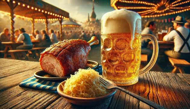 Oktoberfest Celebration Concept with Beer, Pork Knuckle, and Traditional Bavarian Atmosphere