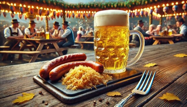 Oktoberfest Celebration Concept with Beer, Bavarian Sausages, and Traditional Costumes