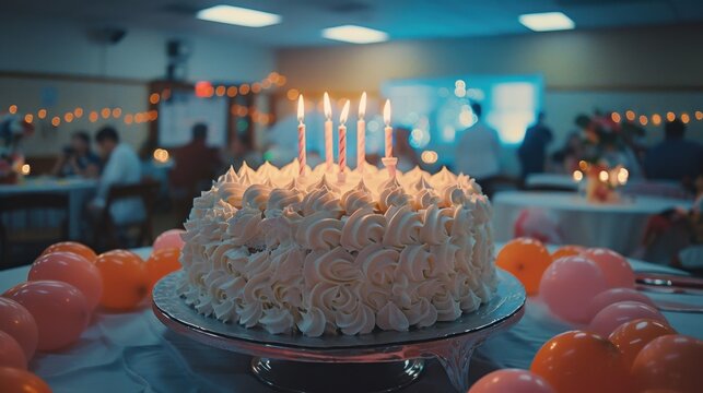 Milestone Birthday Celebration: A memorable hall party with a large cake, music, dancing, and speeches reflecting on the life journey of the guest of honor.
