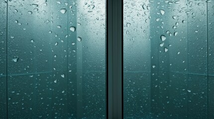 Water droplets condensing on a glass surface, creating an abstract pattern with a greenish hue