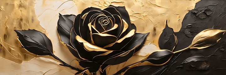 3d illustration, black gold rose flower blooming, textured rough acrylic strokes style. Abstract background for design, artwork, wallpaper, backdrop, template, banner