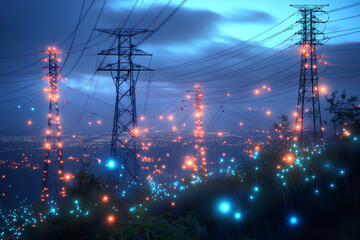 Silhouette of power lines on a city skyline at dusk, with glowing lines representing the grid, Electrical pylons with smart grid technology installed