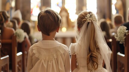 Religious Ceremony: A formal occasion in a church or temple where individuals gather to celebrate and observe an important religious milestone with solemn rituals and reflection.
