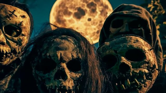 Group of people wearing scary masks under a full moon, perfect for Halloween themes or horror-related projects.