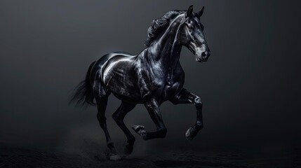 Fototapeta premium Beautiful Black Horse on Black Background . a galloping horse. . Artistic image