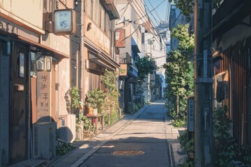 Obraz premium A quiet urban alleyway with soft streetlights casting gentle shadows. Cozy vibe, Generative AI