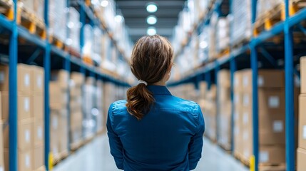 Fototapeta premium A woman stands in a warehouse aisle, contemplating the organized boxes and shelves, symbolizing logistics and inventory management.