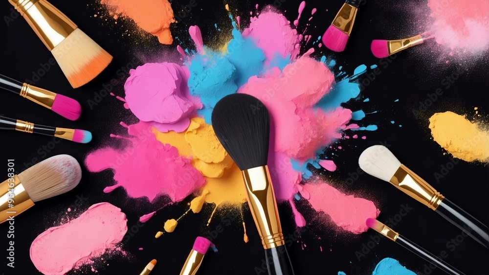 Wall mural colorful makeup brushes are surrounded by vivid powder explosions, illustrating the vibrant, artisti