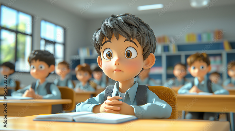 Poster a young student sits attentively in a bright classroom, his wide eyes reflecting curiosity and wonde