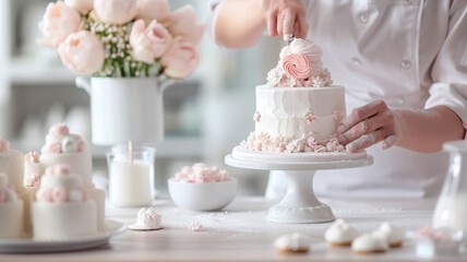 A pastry chef decorates a wedding cake with sugar flowers and intricate piping.