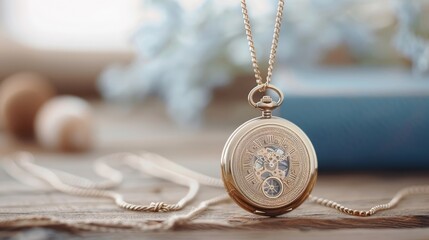 A vintage gold pocket watch with intricate engravings on a worn leather surface.