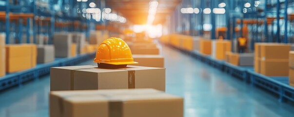 Bright warehouse interior with stacked boxes and a safety helmet on top, showcasing industrial organization and safety measures.