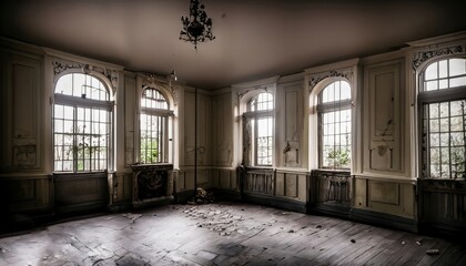 An empty room that features a considerable number of windows and has a ceiling overhead, creating a spacious ambiance