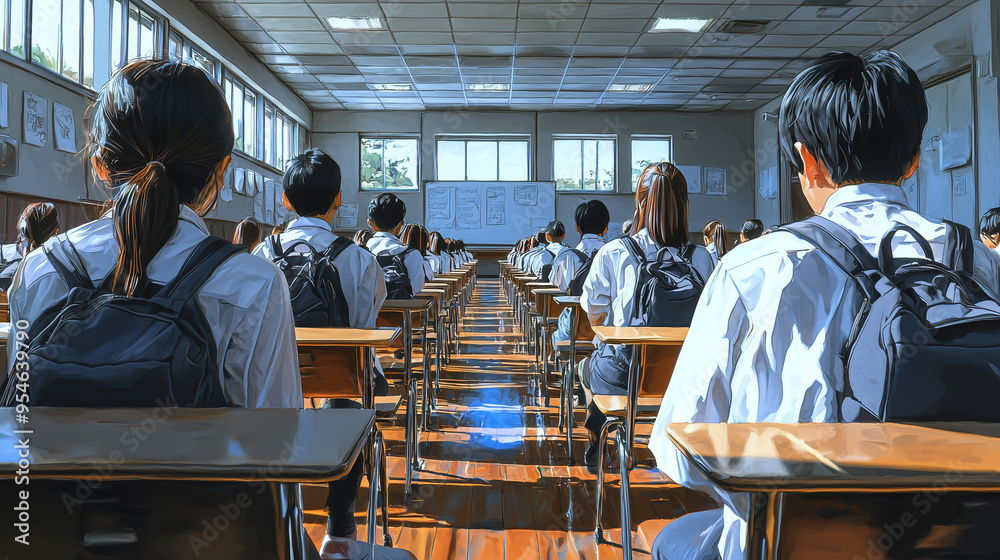 Poster a classroom full of students in uniform, seated at their desks, focused on the lesson. the sunlight 