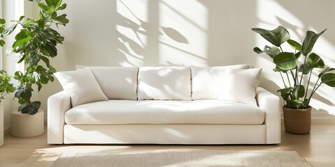 A white 3 seater sofa in a modern room with soft lighting and sunlight and shadows