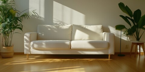 A white 3 seater sofa in a modern room with soft lighting and sunlight and shadows