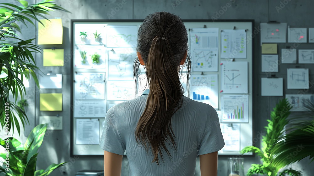 Poster a woman stands before a rustic whiteboard filled with complex diagrams and notes, illuminated by mor